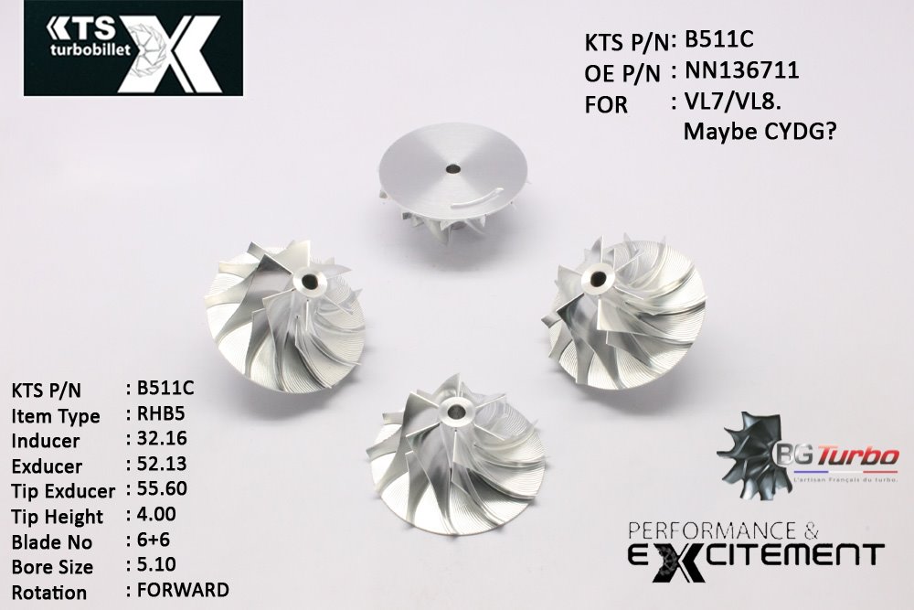 Turbo ROUE FORGÉE MFS PERFORMANCE - 6+6 PALES - INDUCER : 32,16 - EXDUCER : 52,13 - TYPE : RHB5ANGLE : 60° - ROTATION : Forward - SUPER BACK : 0 - BORE SIZE : 5,1
